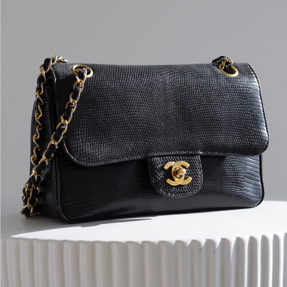 Chanel Vintage Small Classic Flap Exotic Lizard Leather 24K Gold CC Black Bag - Picture 4 of 16